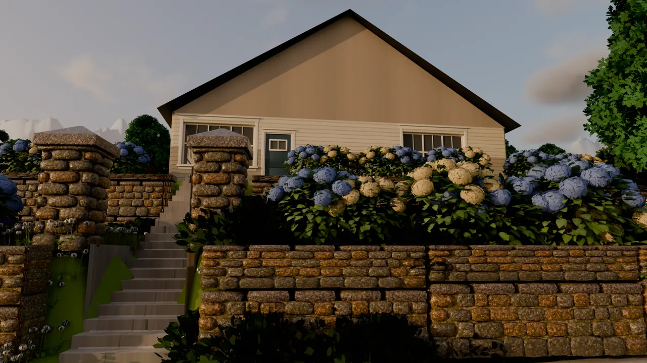 A cream house with a gabled roof above stone gate pillars, a flight of steps and a hydrangea-topped wall, in warm evening light.