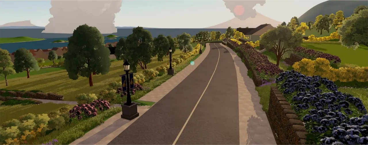 The rebuilt Linden Rise at 7:30 pm: a road curving up past gardens and trees.