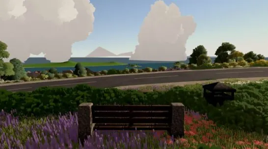 A wooden bench among lavender looking out over the bay.